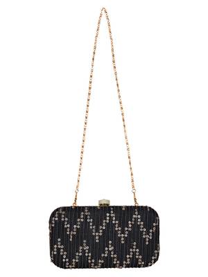 Anekaant Web Textured Sequines Faux Silk Clutch Black & Gold 4