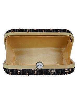 Anekaant Web Textured Sequines Faux Silk Clutch Black & Gold 5