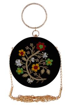 Anekaant Gala Embroidered Velvet Round Clutch Black & Multi