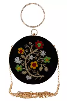 Anekaant Gala Embroidered Velvet Round Clutch Black & Multi
