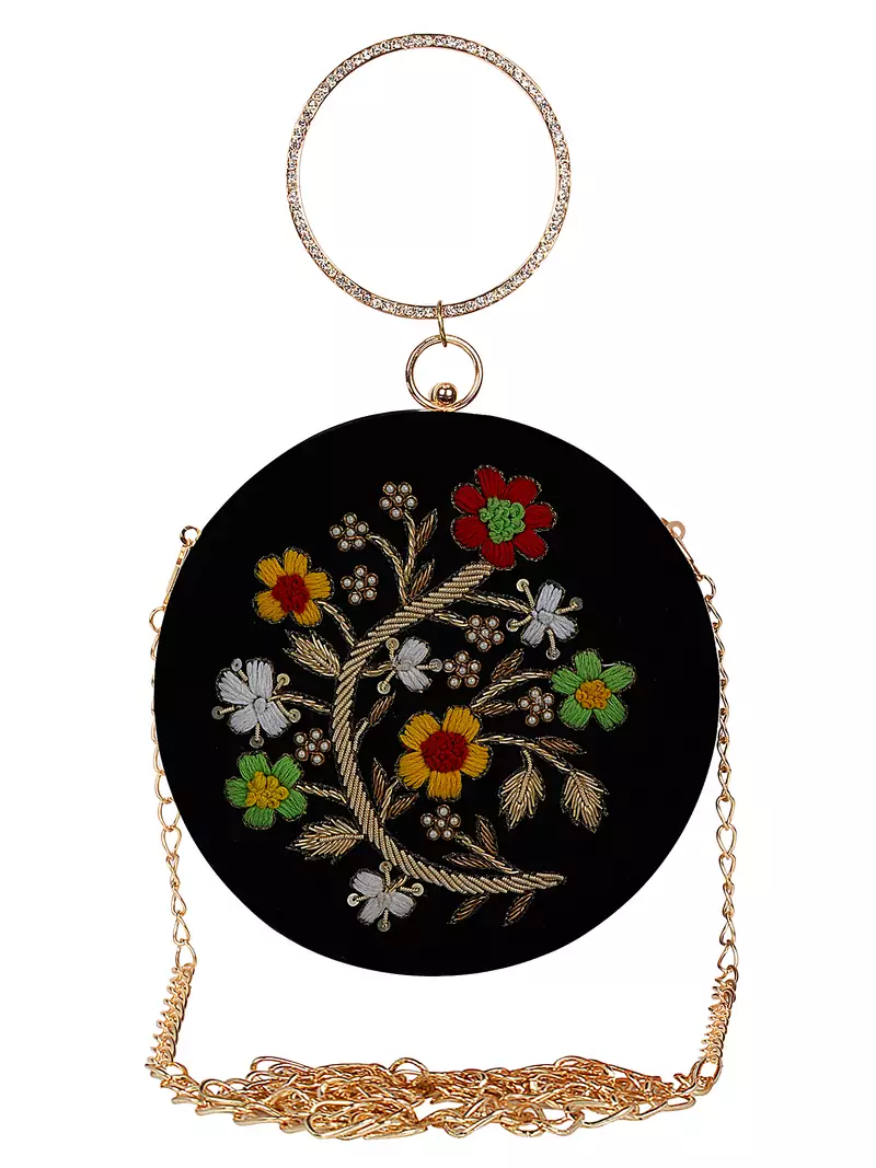 Anekaant Gala Embroidered Velvet Round Clutch Black & Multi