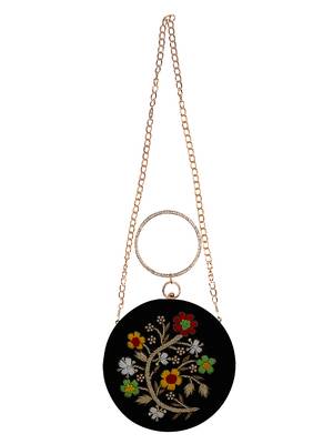 Anekaant Gala Embroidered Velvet Round Clutch Black & Multi 4