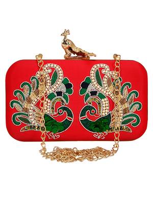 Anekaant Adorn Embroidered Faux Silk Clutch Red & Multi 1