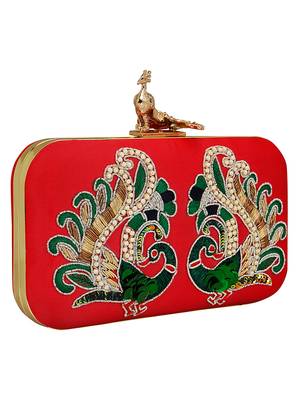 Anekaant Adorn Embroidered Faux Silk Clutch Red & Multi 2