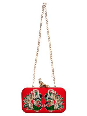 Anekaant Adorn Embroidered Faux Silk Clutch Red & Multi 4