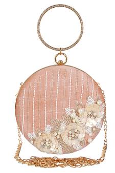 Anekaant Gala Sequines Embellished Faux Silk Round Clutch Baby Pink & White