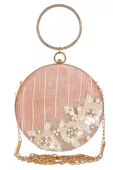 Anekaant Gala Sequines Embellished Faux Silk Round Clutch Baby Pink & White