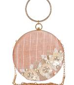 Anekaant Gala Sequines Embellished Faux Silk Round Clutch Baby Pink & White