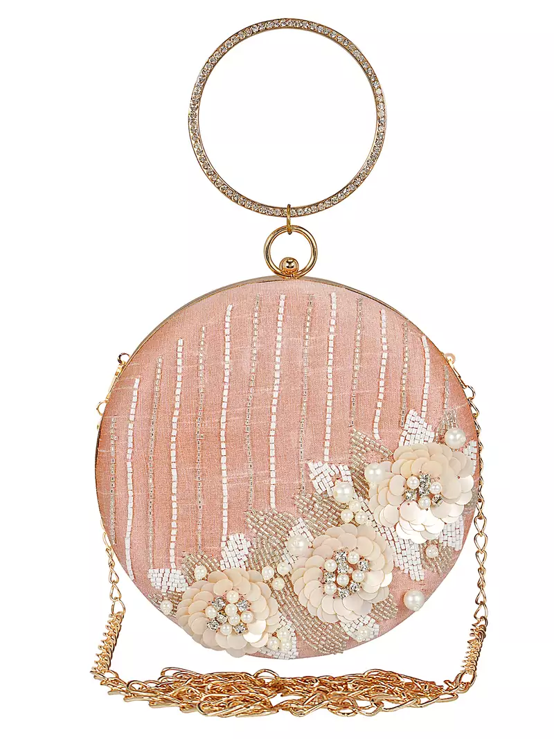 Anekaant Gala Sequines Embellished Faux Silk Round Clutch Baby Pink & White