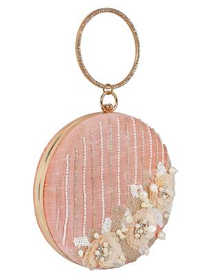 Anekaant Gala Sequines Embellished Faux Silk Round Clutch Baby Pink & White 2