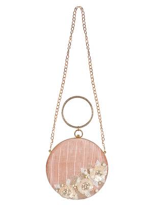 Anekaant Gala Sequines Embellished Faux Silk Round Clutch Baby Pink & White 4