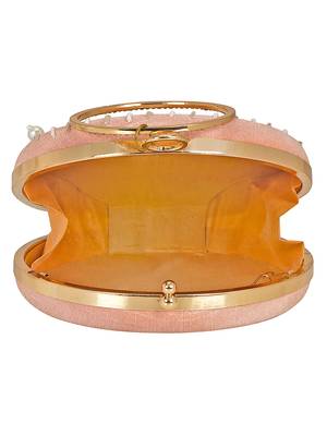 Anekaant Gala Sequines Embellished Faux Silk Round Clutch Baby Pink & White 5