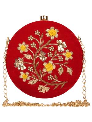 Anekaant Gala Embroidered Velvet Round Clutch Red & Multi 1