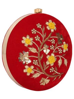 Anekaant Gala Embroidered Velvet Round Clutch Red & Multi 2