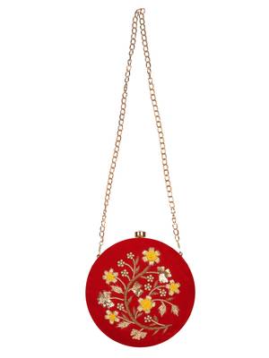 Anekaant Gala Embroidered Velvet Round Clutch Red & Multi 4