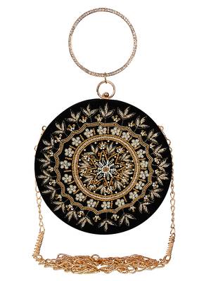 Anekaant Gala Embroidered Velvet Round Clutch Black & Copper 1