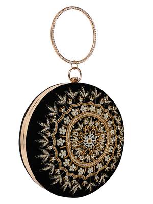 Anekaant Gala Embroidered Velvet Round Clutch Black & Copper 2