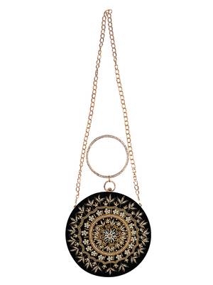 Anekaant Gala Embroidered Velvet Round Clutch Black & Copper 4