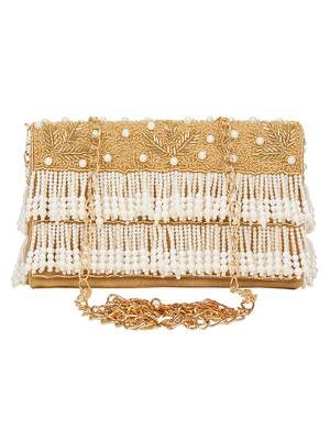 Anekaant Oblong Embroidered Faux Slik Clutch Gold & White 1