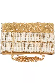 Anekaant Oblong Embroidered Faux Slik Clutch Gold & White