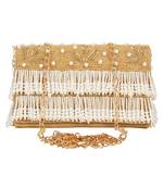 Anekaant Oblong Embroidered Faux Slik Clutch Gold & White