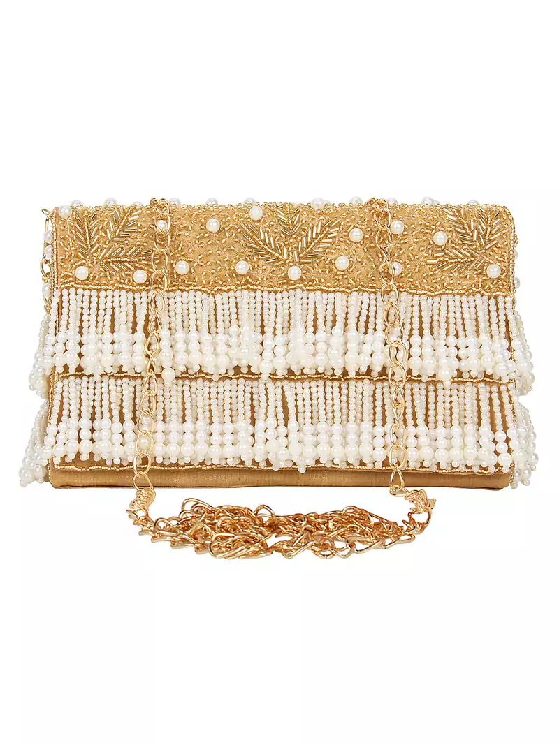 Anekaant Oblong Embroidered Faux Slik Clutch Gold & White