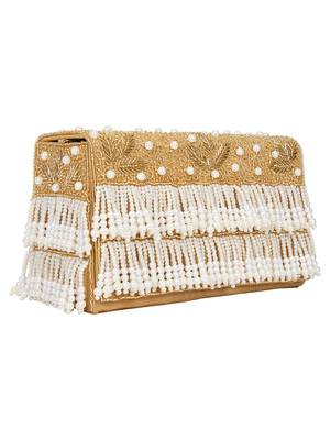 Anekaant Oblong Embroidered Faux Slik Clutch Gold & White 2