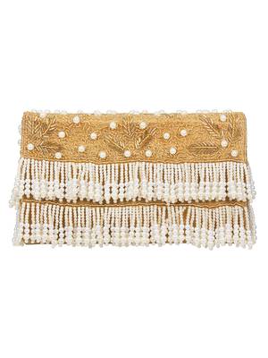 Anekaant Oblong Embroidered Faux Slik Clutch Gold & White 3