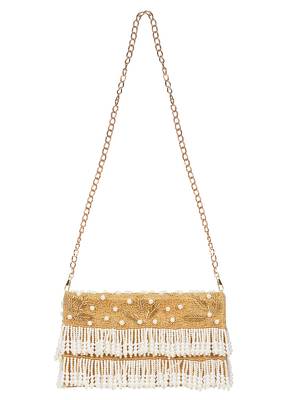 Anekaant Oblong Embroidered Faux Slik Clutch Gold & White 4