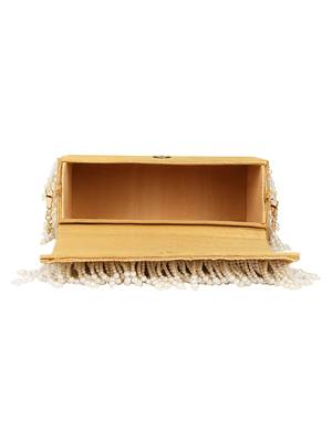 Anekaant Oblong Embroidered Faux Slik Clutch Gold & White 5
