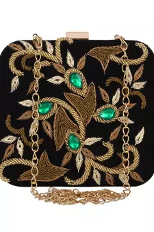 Anekaant Vista Embellished Velvet Box Clutch Black & Multi