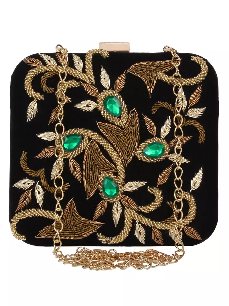 Anekaant Vista Embellished Velvet Box Clutch Black & Multi