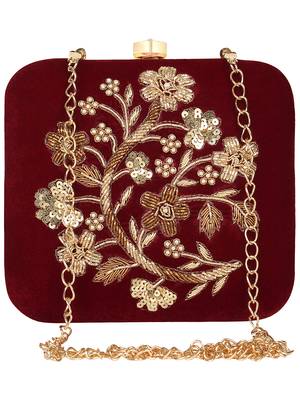 Anekaant Vista Sequines Embellished Velvet Box Clutch Wine & Gold 1
