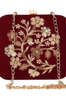 Anekaant Vista Sequines Embellished Velvet Box Clutch Wine & Gold