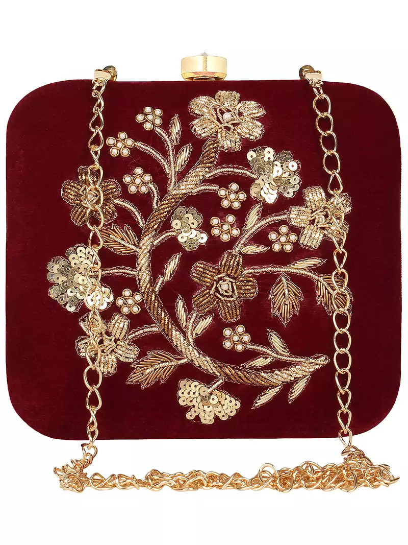 Anekaant Vista Sequines Embellished Velvet Box Clutch Wine & Gold
