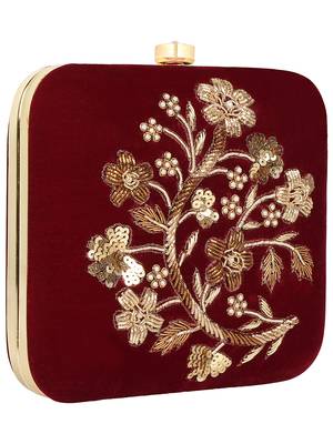 Anekaant Vista Sequines Embellished Velvet Box Clutch Wine & Gold 2