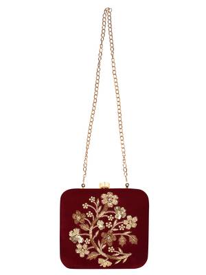 Anekaant Vista Sequines Embellished Velvet Box Clutch Wine & Gold 4