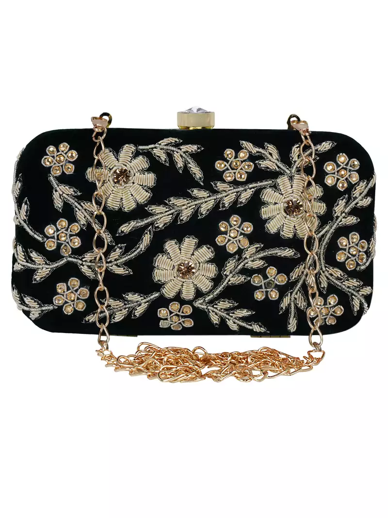 Anekaant Adorn Embellished Velvet Clutch Bottle Green & Gold