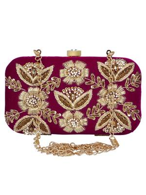 Anekaant Adorn Sequines Embellished Velvet Clutch Magenta & Gold 1