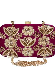 Anekaant Adorn Sequines Embellished Velvet Clutch Magenta & Gold