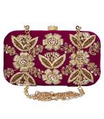 Anekaant Adorn Sequines Embellished Velvet Clutch Magenta & Gold