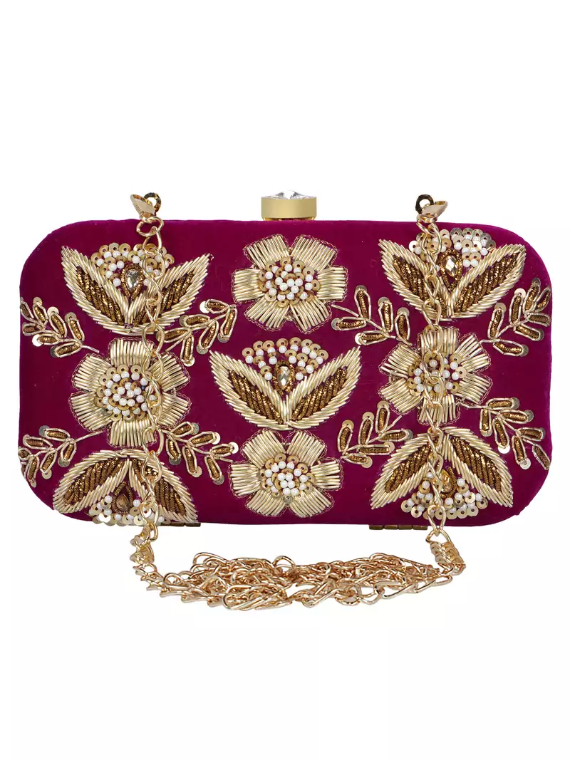 Anekaant Adorn Sequines Embellished Velvet Clutch Magenta & Gold