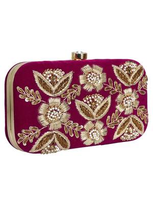 Anekaant Adorn Sequines Embellished Velvet Clutch Magenta & Gold 2