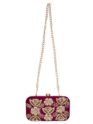 Anekaant Adorn Sequines Embellished Velvet Clutch Magenta & Gold 4