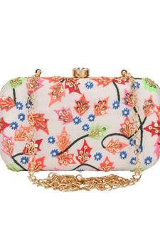 Anekaant Adorn Embroidered Faux Silk Clutch White & Multi