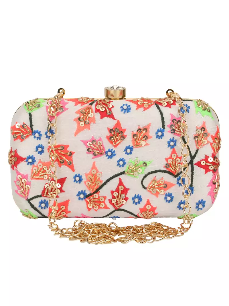 Anekaant Adorn Embroidered Faux Silk Clutch White & Multi