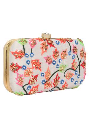 Anekaant Adorn Embroidered Faux Silk Clutch White & Multi 2