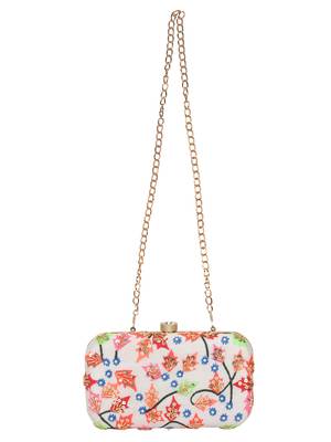 Anekaant Adorn Embroidered Faux Silk Clutch White & Multi 4