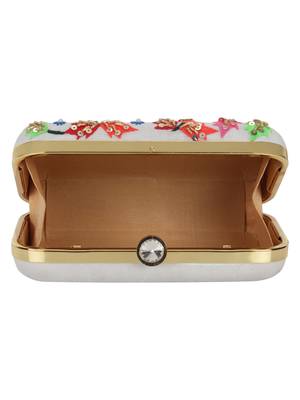 Anekaant Adorn Embroidered Faux Silk Clutch White & Multi 5