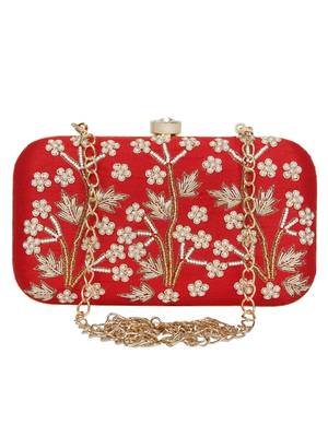 Anekaant Adorn Embellished Faux Silk Clutch Red & White 1